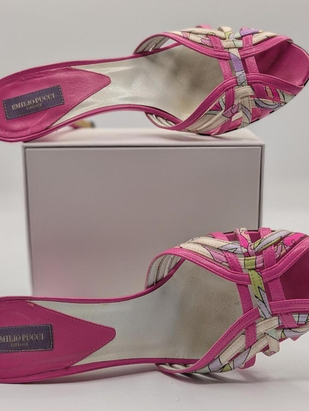 Emilio Pucci 37 EU 6.5 US Pink Leather Floral Kitten Heel Mules Made in Italy - Picture 11 of 13